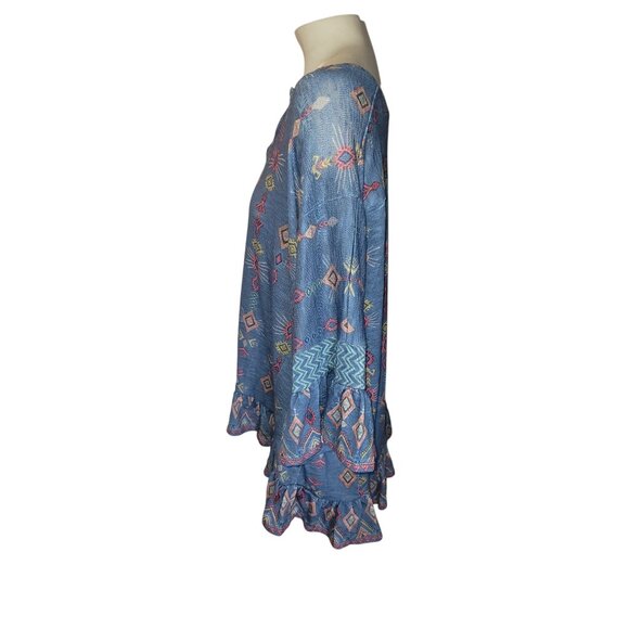Boho-Chic V-Neck Ruffle Hem Top With Aztec-Inspired Print By Weekend Suzanne Bet - Picture 4 of 8
